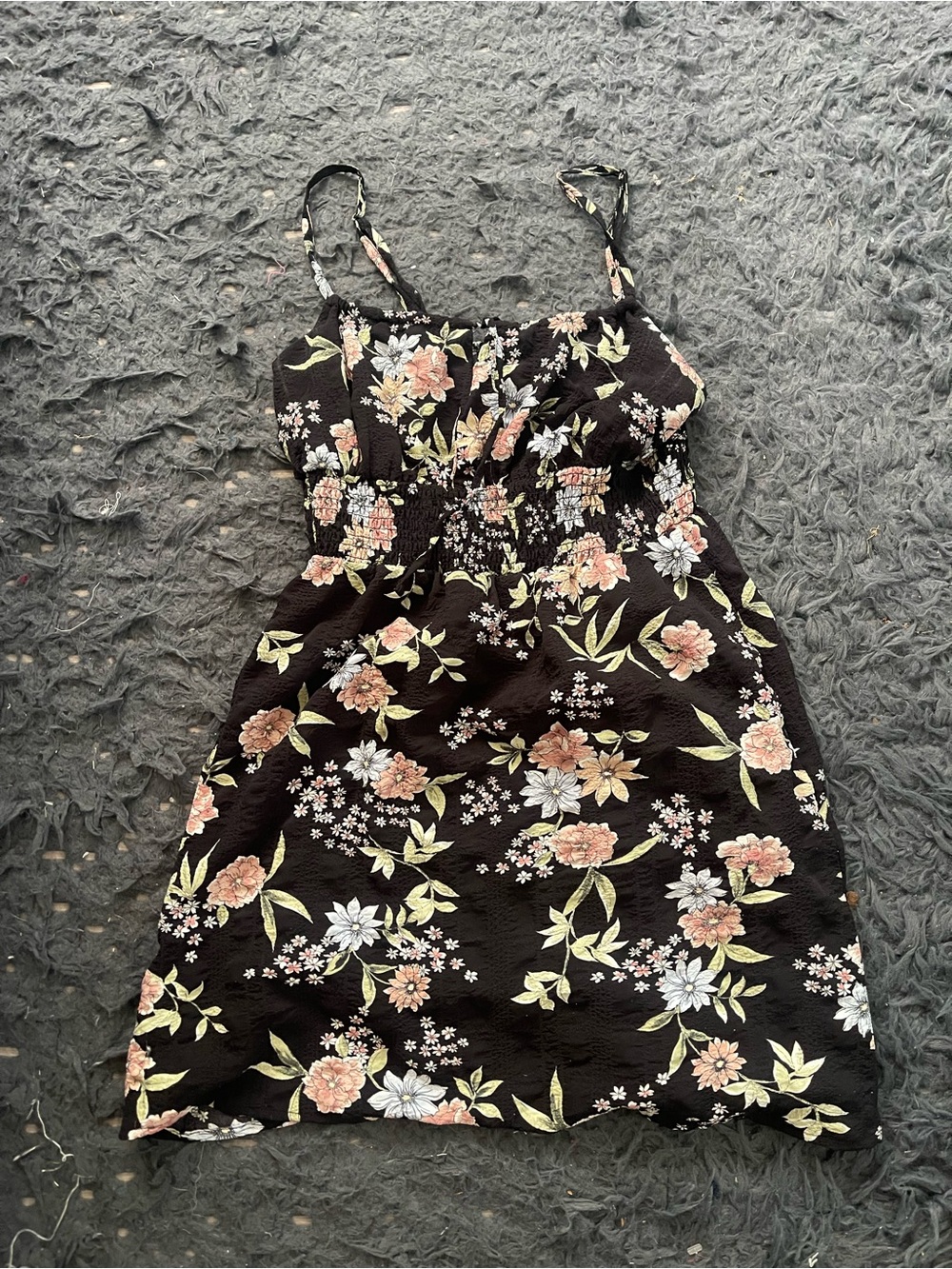 Women’s Floral Smocked Sundress - Black with Peach & Cream Flowers